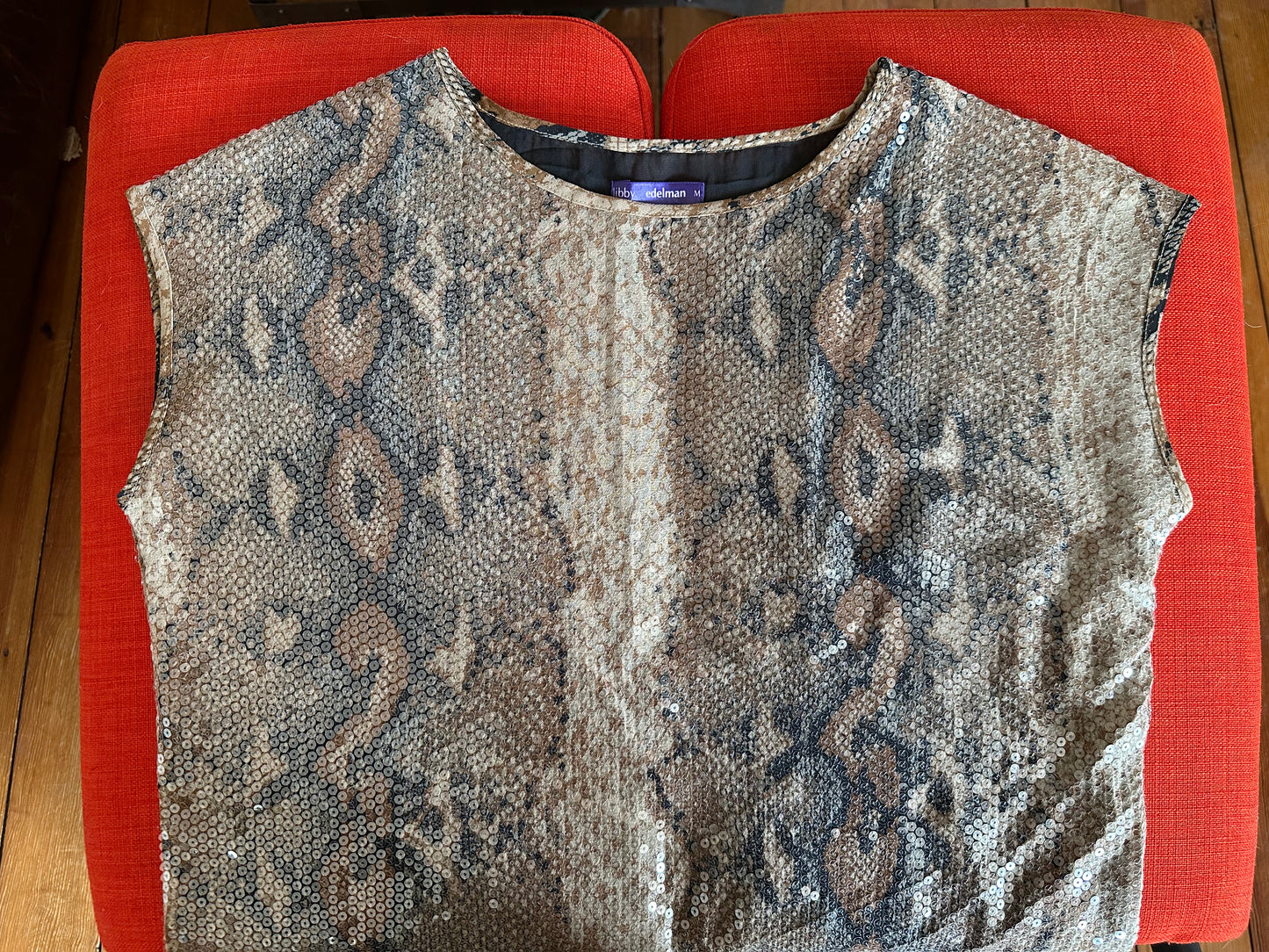 Snakeskin sequin cap-sleeve top