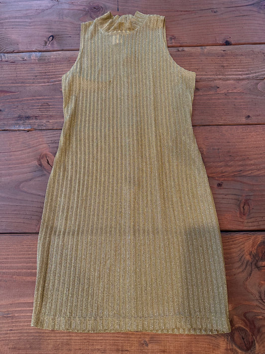 Vintage Hearts Gold Lurex Ribbed Knit Dress and Cardigan Set - 70s Metallic Glam