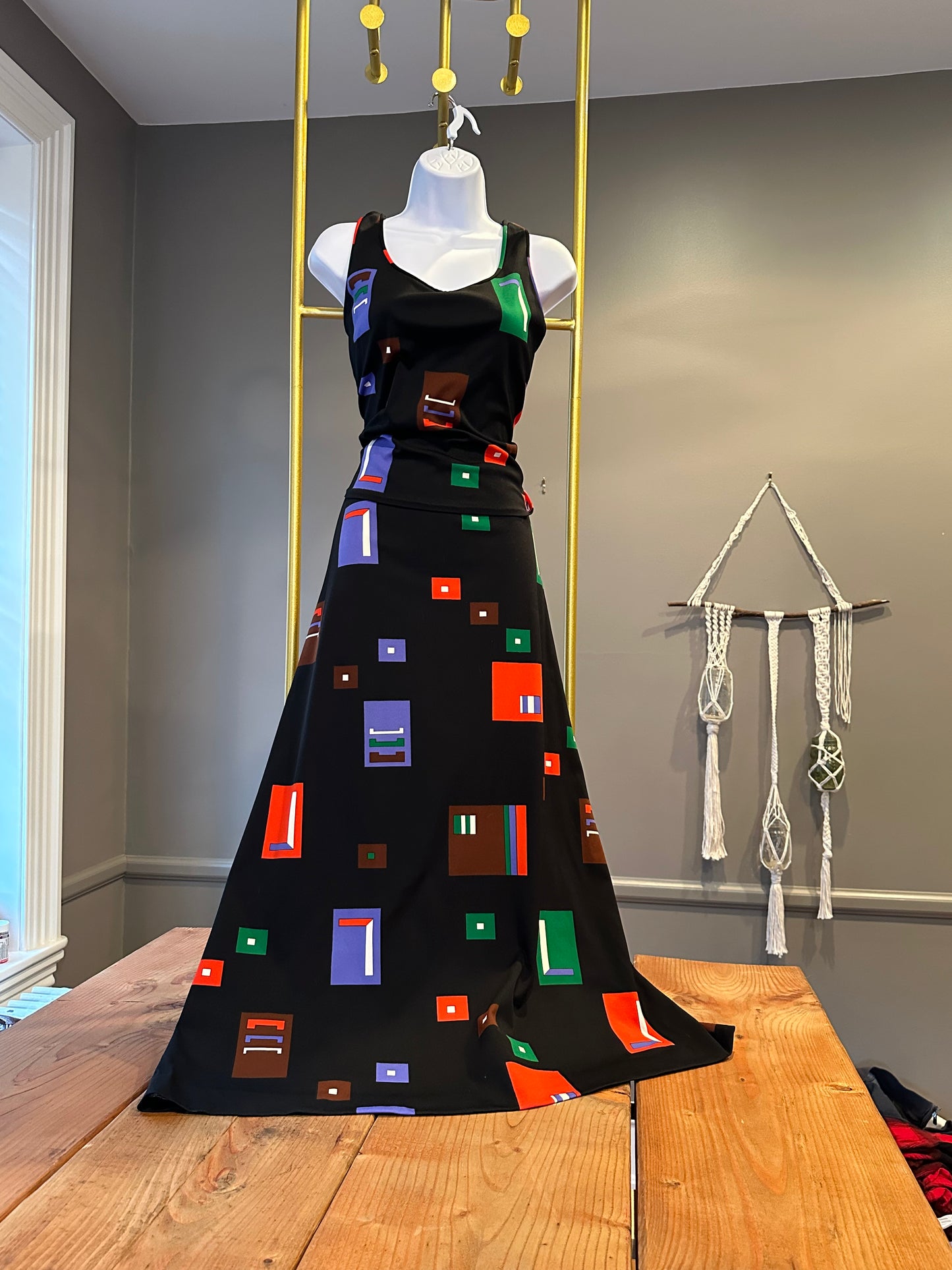 Vintage 70s Jonathan Logan Abstract Geometric Print 3-Piece Set - Blouse, Tank, and Maxi Skirt (M)