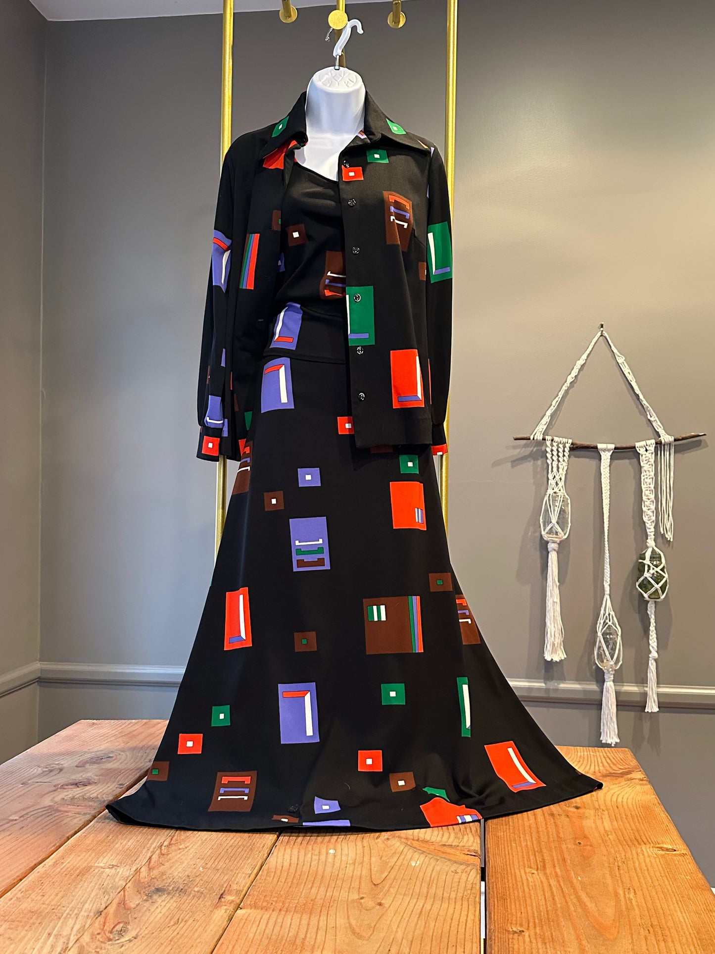 Vintage 70s Jonathan Logan Abstract Geometric Print 3-Piece Set - Blouse, Tank, and Maxi Skirt (M)