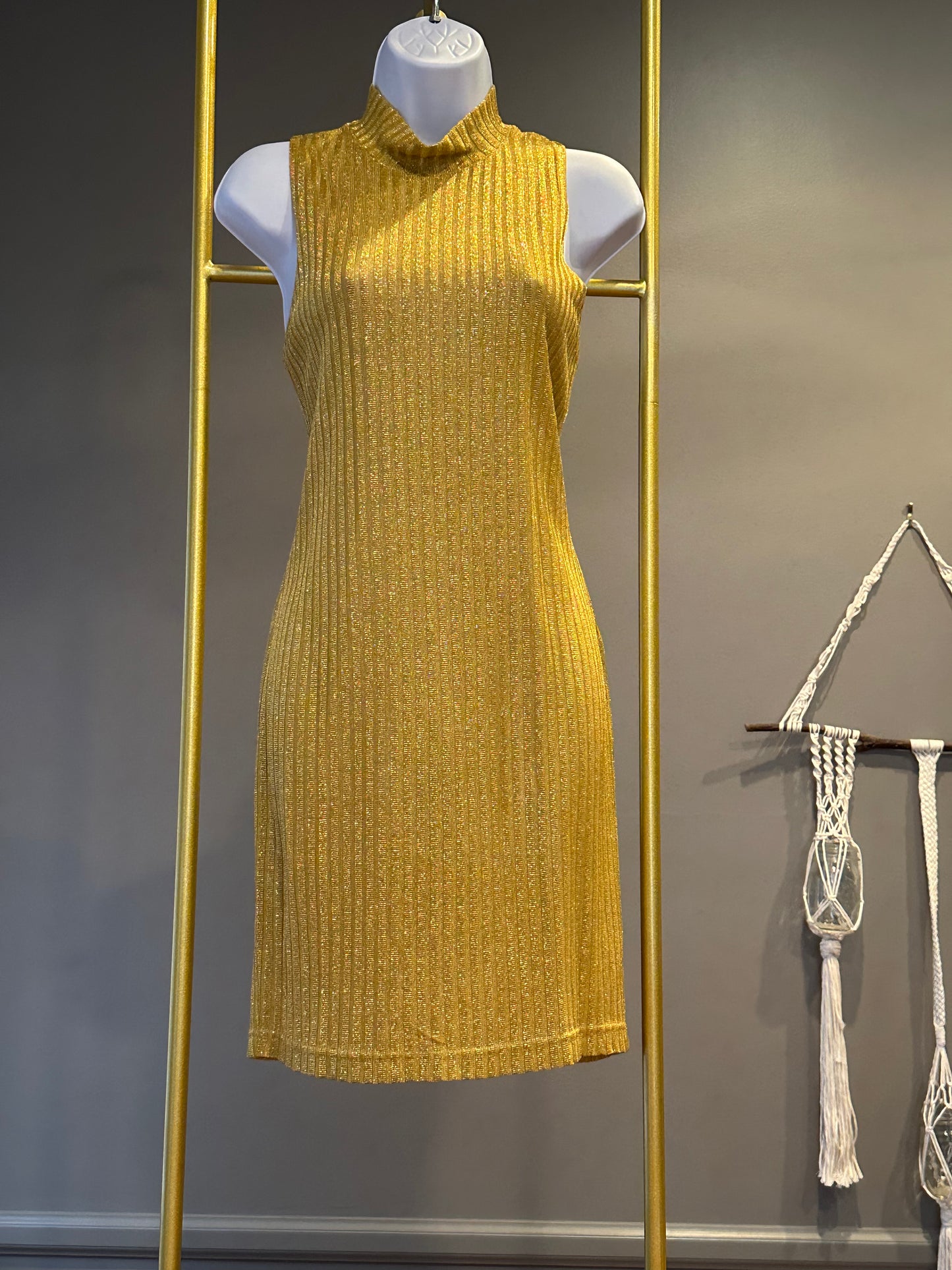 Vintage Hearts Gold Lurex Ribbed Knit Dress and Cardigan Set - 70s Metallic Glam