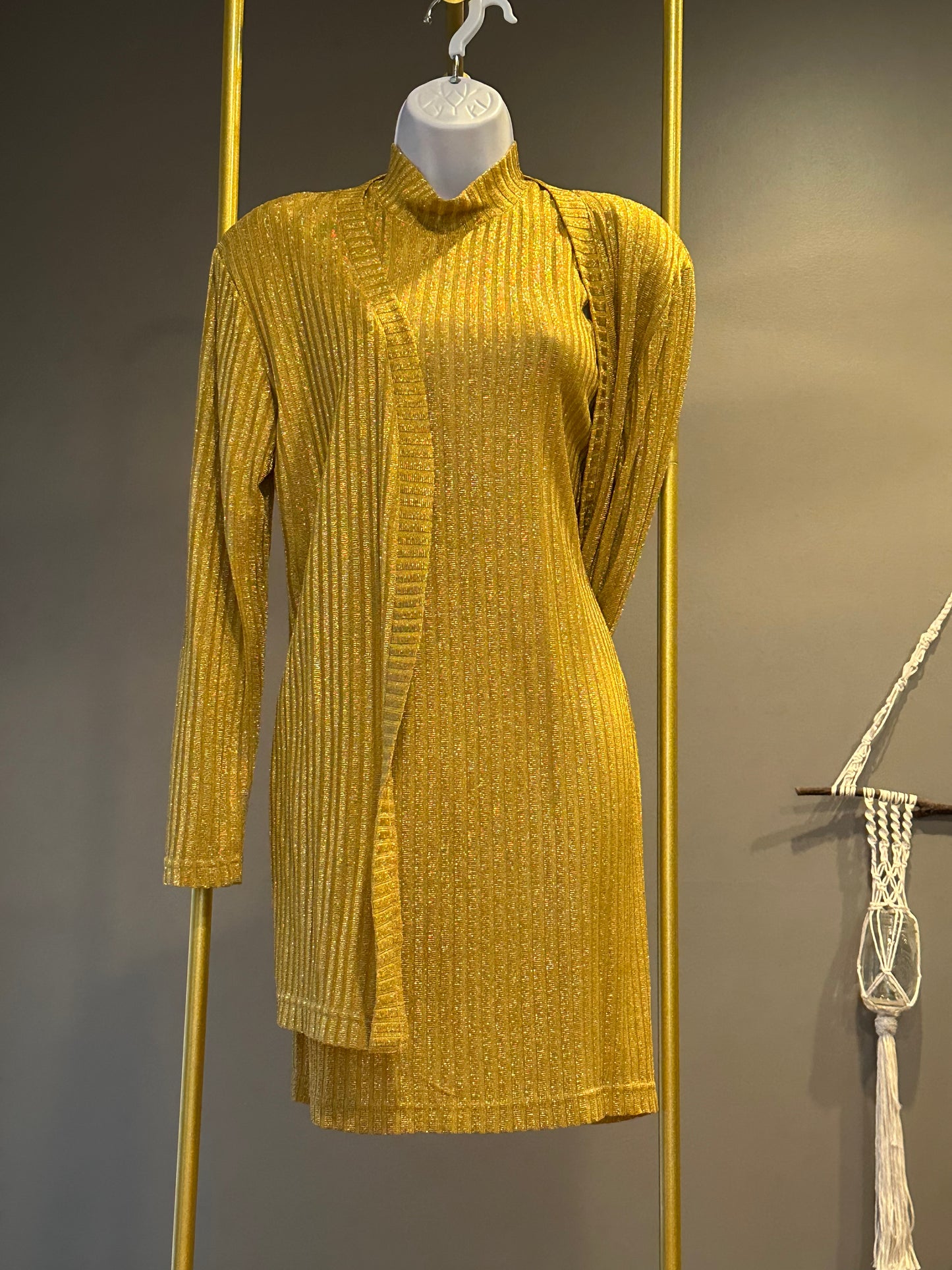 Vintage Hearts Gold Lurex Ribbed Knit Dress and Cardigan Set - 70s Metallic Glam