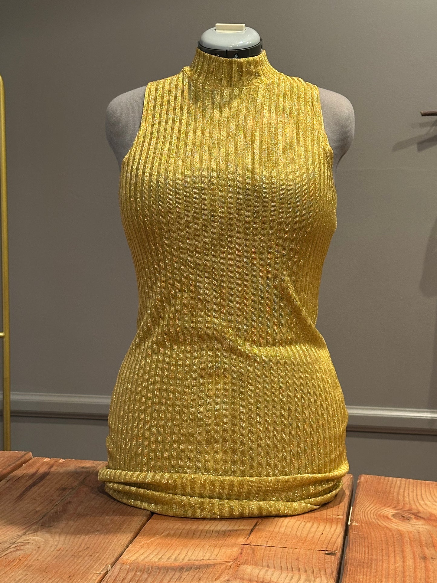 Vintage Hearts Gold Lurex Ribbed Knit Dress and Cardigan Set - 70s Metallic Glam