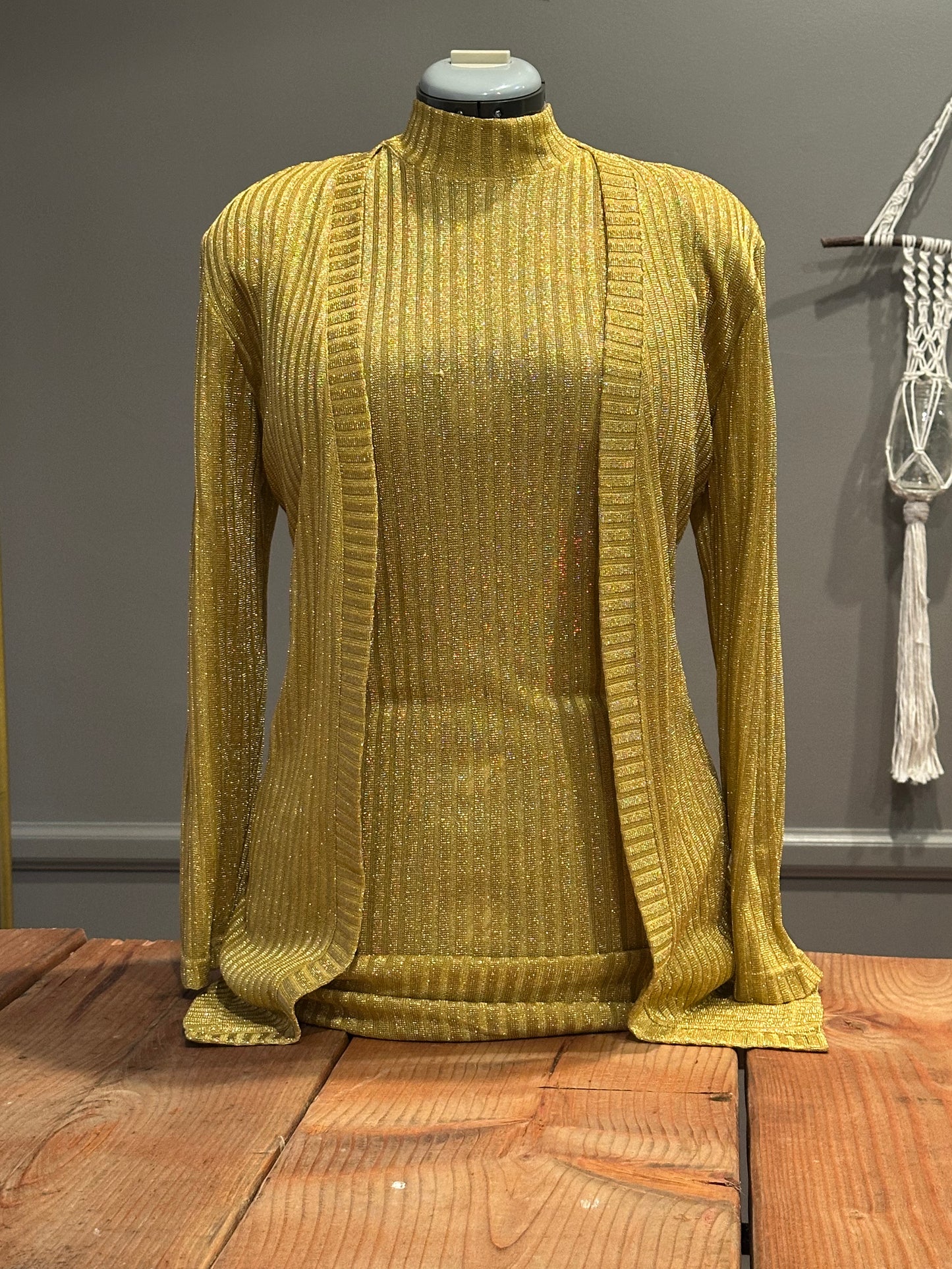 Vintage Hearts Gold Lurex Ribbed Knit Dress and Cardigan Set - 70s Metallic Glam