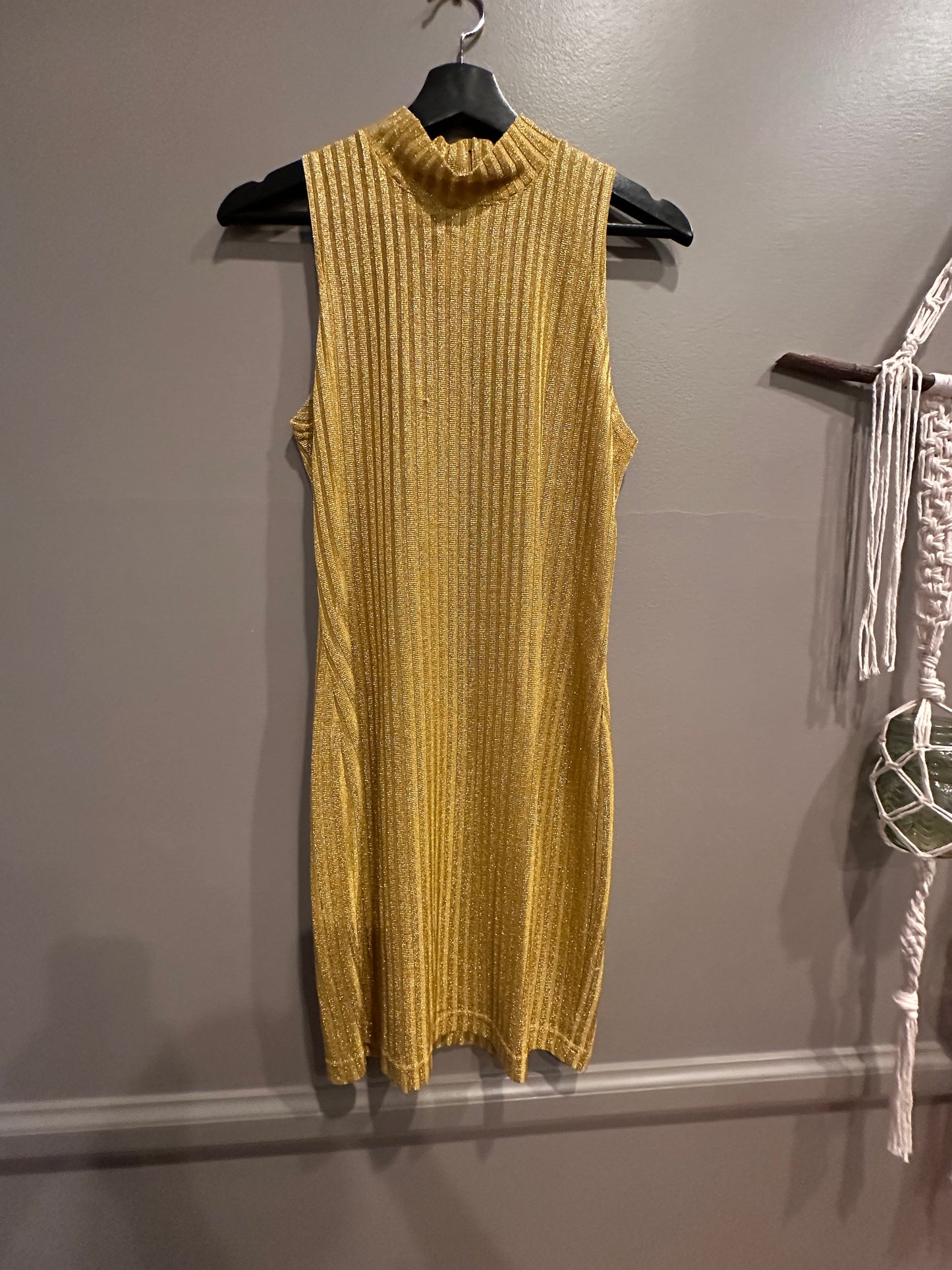 Vintage Hearts Gold Lurex Ribbed Knit Dress and Cardigan Set - 70s Metallic Glam