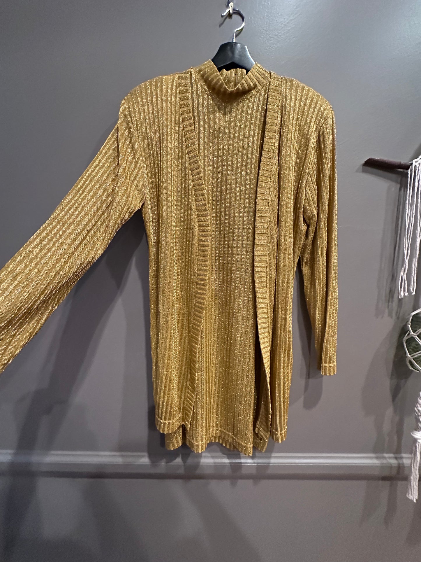 Vintage Hearts Gold Lurex Ribbed Knit Dress and Cardigan Set - 70s Metallic Glam